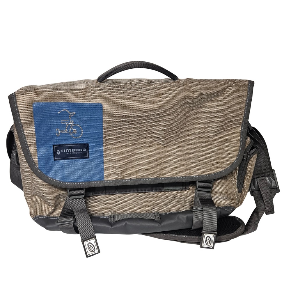 Timbuk2 Messenger Bag Tan Blue Tricycle Graphic Canvas Commuter Shoulder Bag *